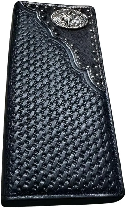 Mens Cowboy Bull Rider Rodeo Western Leather Long Wallet Bifold Cowhair BasketWeave Studded Checkbook Style Mens Wallets Leather Bull Rider Rodeo Gifts For Men (Black)