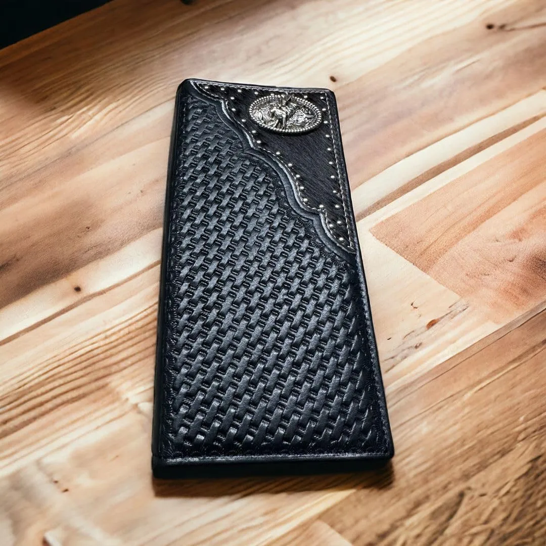 Mens Cowboy Bull Rider Rodeo Western Leather Long Wallet Bifold Cowhair BasketWeave Studded Checkbook Style Mens Wallets Leather Bull Rider Rodeo Gifts For Men (Black)