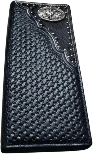Mens Cowboy Bull Rider Rodeo Western Leather Long Wallet Bifold Cowhair BasketWeave Studded Checkbook Style Mens Wallets Leather Bull Rider Rodeo Gifts For Men (Black)
