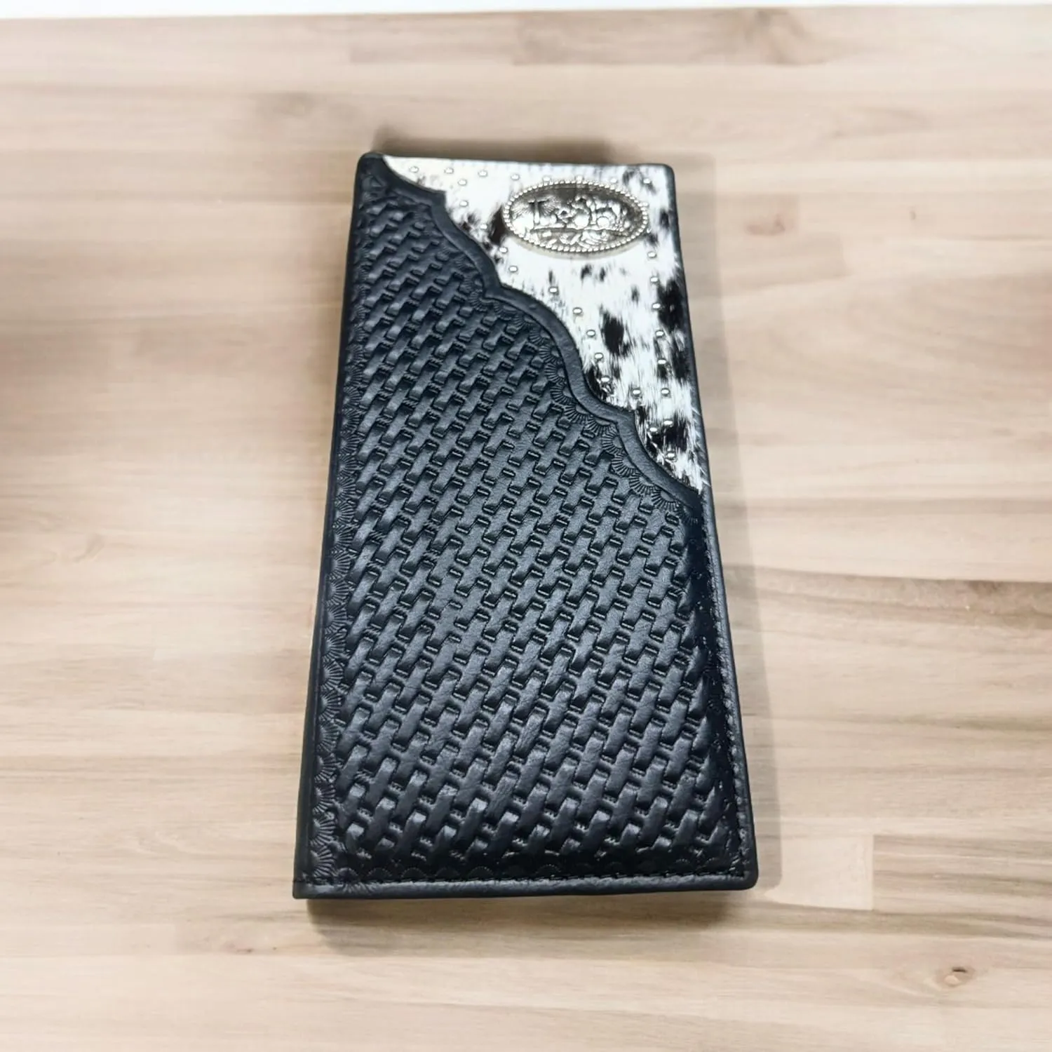 Mens Cowboy Praying At Cross Western Leather Long Wallet Bifold Cowhair BasketWeave Studded Checkbook Style Mens Wallets Leather Bull Rider Rodeo Gifts For Men (Black)