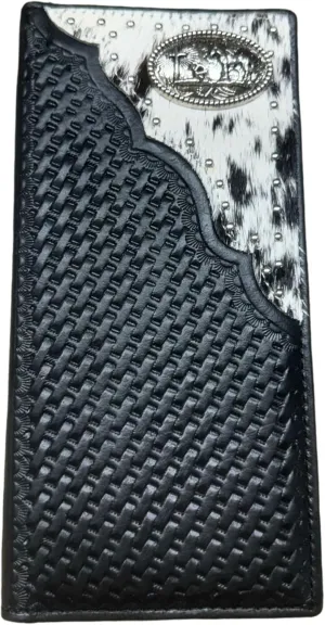 Mens Cowboy Praying At Cross Western Leather Long Wallet Bifold Cowhair BasketWeave Studded Checkbook Style Mens Wallets Leather Bull Rider Rodeo Gifts For Men (Black)