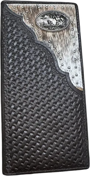 Mens Cowboy Praying At Cross Western Leather Long Wallet Bifold Cowhair BasketWeave Studded Checkbook Style Mens Wallets Leather Bull Rider Rodeo Gifts For Men (Coffee)