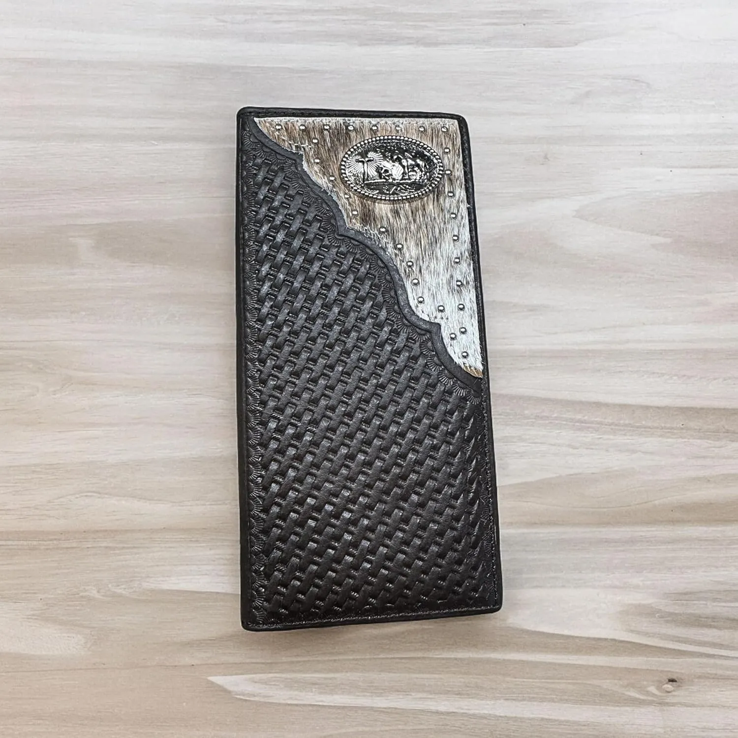 Mens Cowboy Praying At Cross Western Leather Long Wallet Bifold Cowhair BasketWeave Studded Checkbook Style Mens Wallets Leather Bull Rider Rodeo Gifts For Men (Coffee)