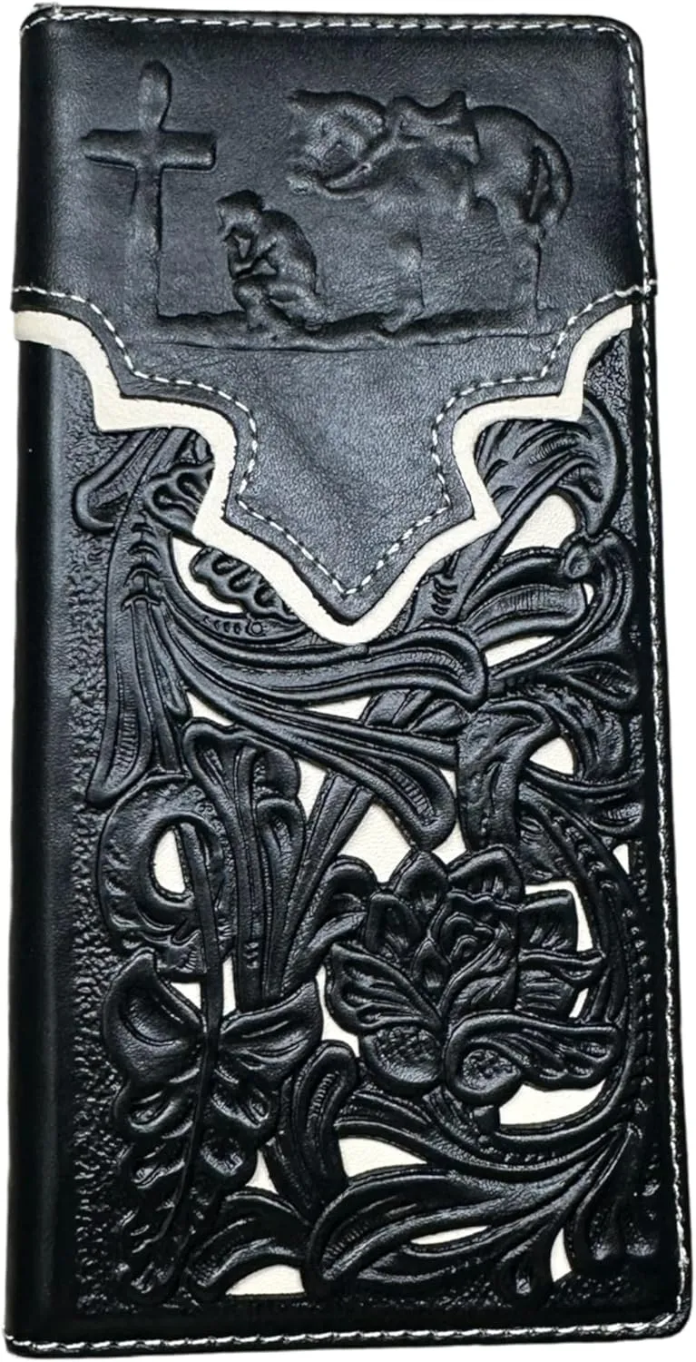 Mens Cowboy Praying Western Long Wallet Floral Cutout Layered Leather Soft Leather Checkbook Style Mens Wallets Leather Bull Rider Rodeo Gifts For Men (Black & White), WS001