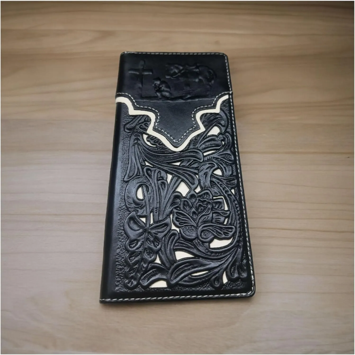 Mens Cowboy Praying Western Long Wallet Floral Cutout Layered Leather Soft Leather Checkbook Style Mens Wallets Leather Bull Rider Rodeo Gifts For Men (Black & White), WS001