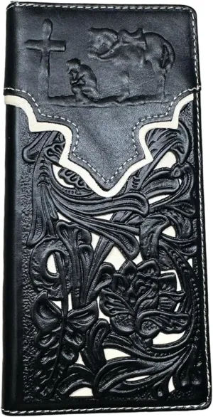 Mens Cowboy Praying Western Long Wallet Floral Cutout Layered Leather Soft Leather Checkbook Style Mens Wallets Leather Bull Rider Rodeo Gifts For Men (Black & White), WS001