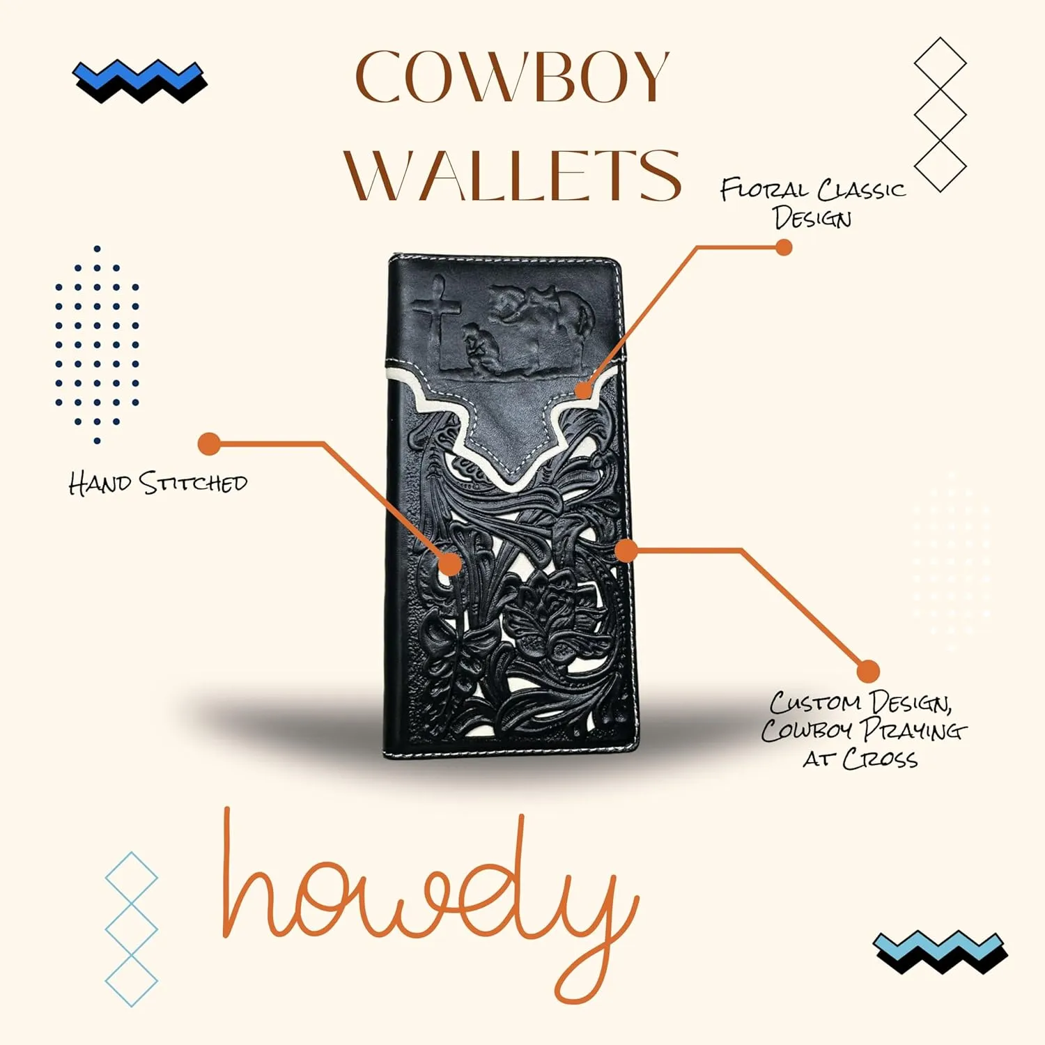 Mens Cowboy Praying Western Long Wallet Floral Cutout Layered Leather Soft Leather Checkbook Style Mens Wallets Leather Bull Rider Rodeo Gifts For Men (Black & White), WS001