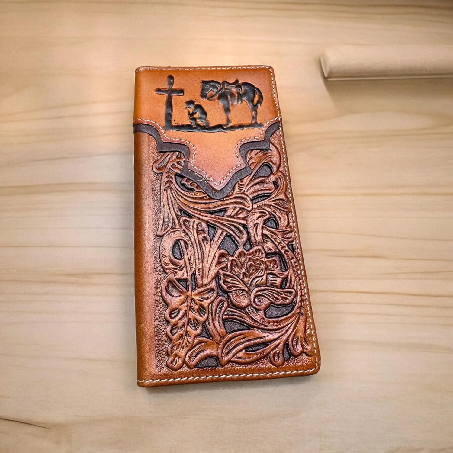 Mens Cowboy Praying Western Long Wallet Floral Cutout Layered Leather Soft Leather Checkbook Style Mens Wallets Leather Bull Rider Rodeo Gifts For Men (Brown & Coffee)