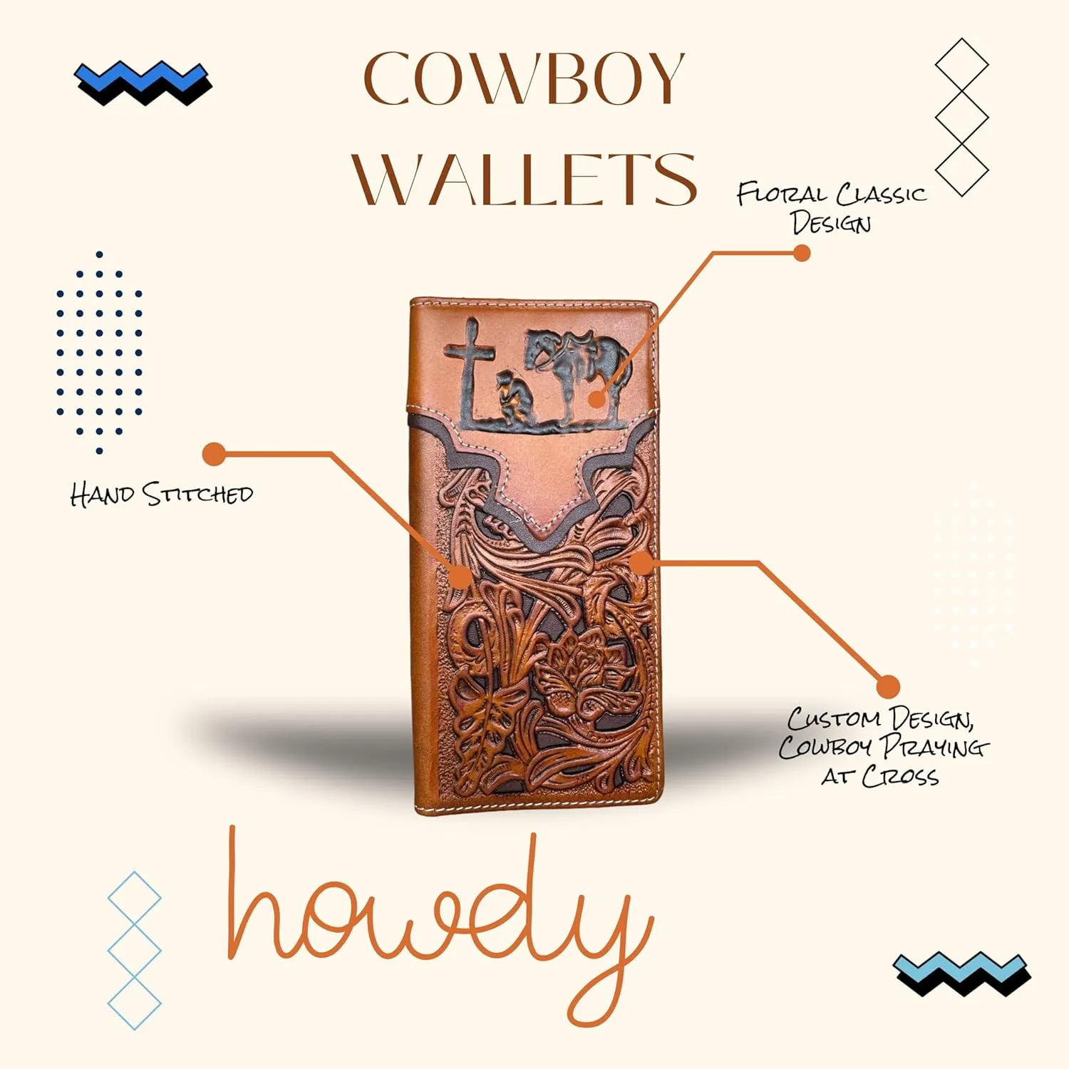 Mens Cowboy Praying Western Long Wallet Floral Cutout Layered Leather Soft Leather Checkbook Style Mens Wallets Leather Bull Rider Rodeo Gifts For Men (Brown & Coffee)