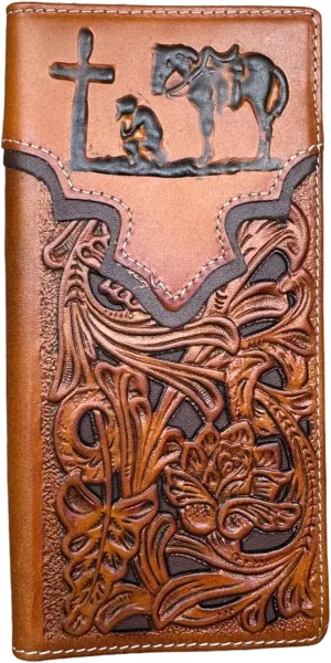Mens Cowboy Praying Western Long Wallet Floral Cutout Layered Leather Soft Leather Checkbook Style Mens Wallets Leather Bull Rider Rodeo Gifts For Men (Brown & Coffee)