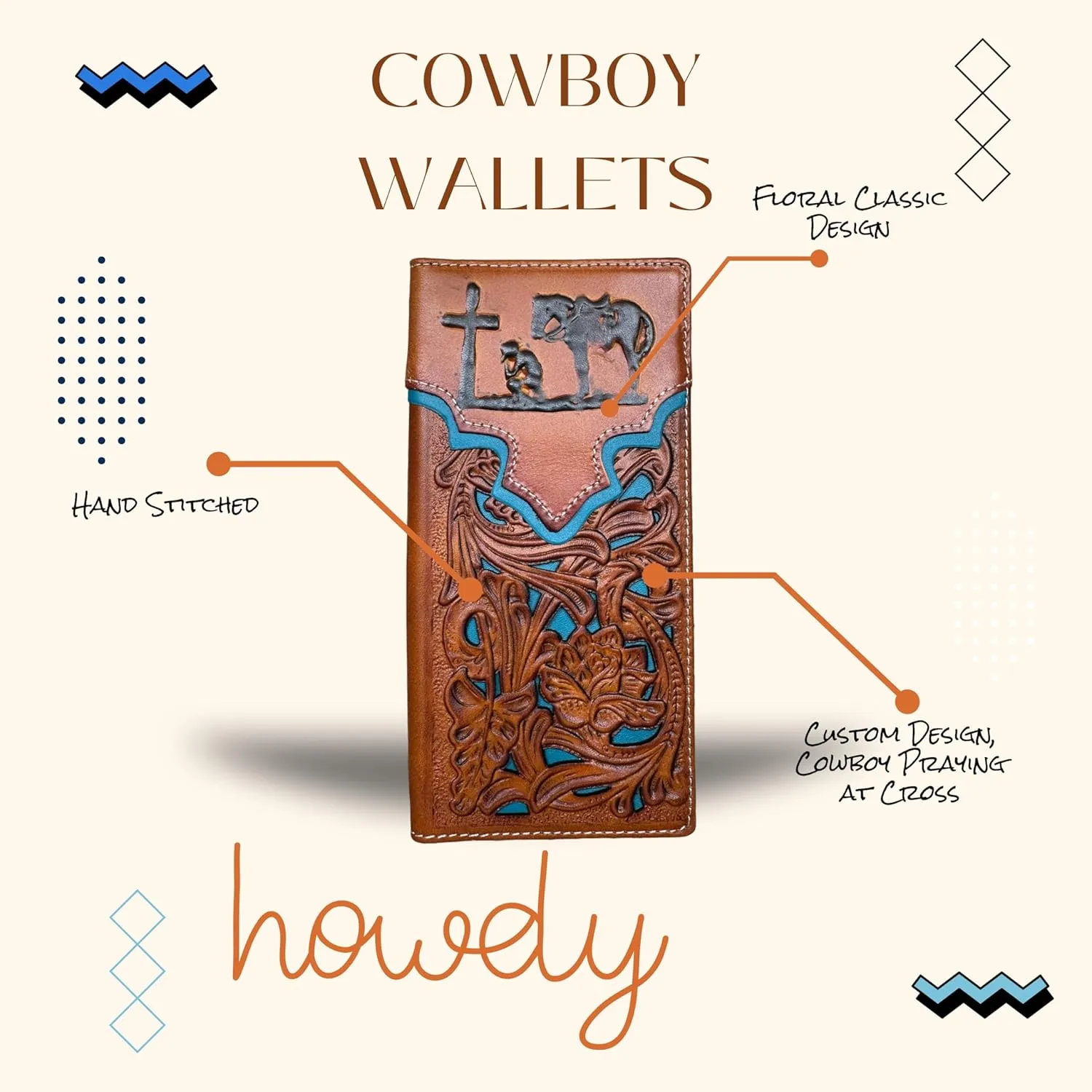 Mens Cowboy Praying Western Long Wallet Floral Cutout Layered Leather Soft Leather Checkbook Style Mens Wallets Leather Bull Rider Rodeo Gifts For Men (Brown & Teal)