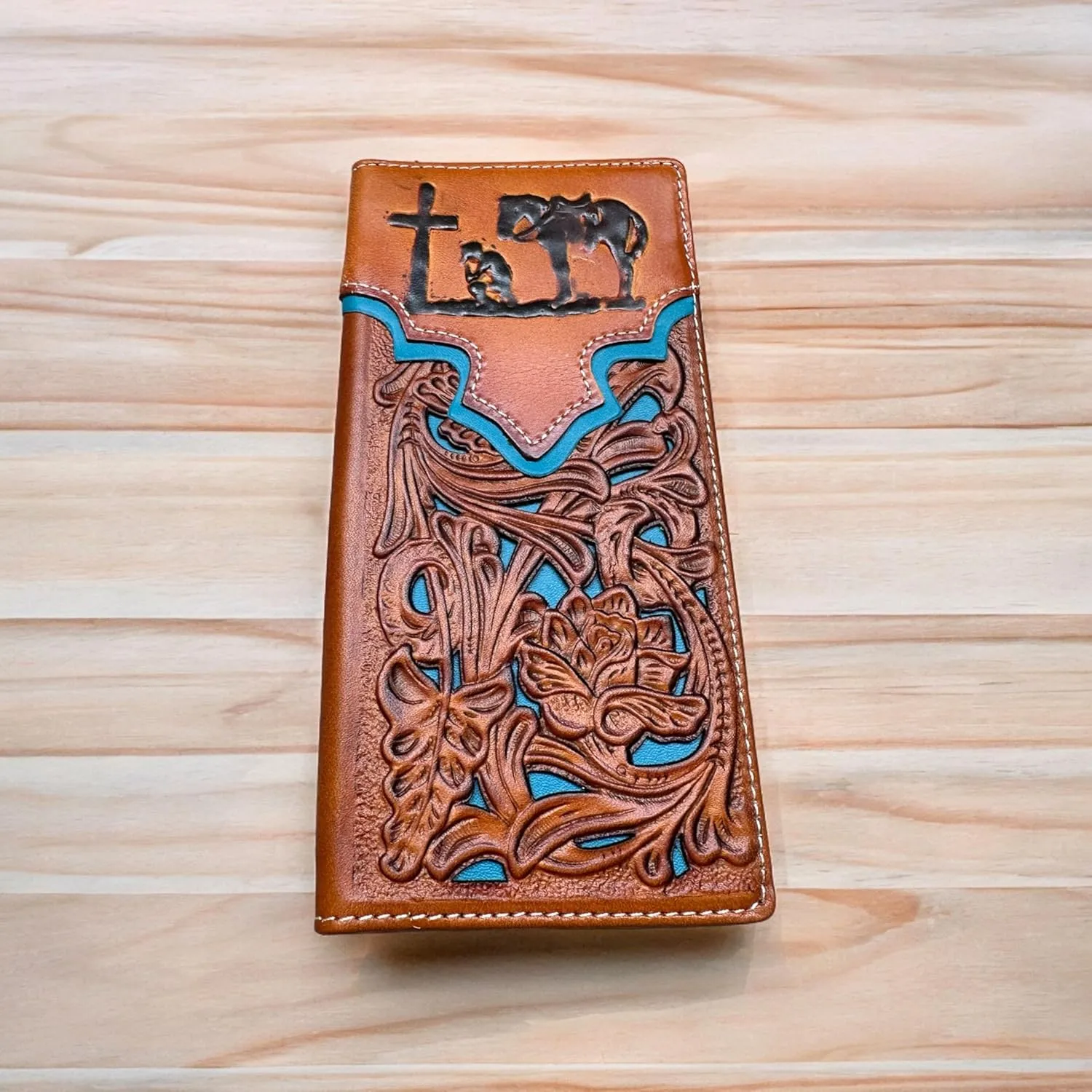 Mens Cowboy Praying Western Long Wallet Floral Cutout Layered Leather Soft Leather Checkbook Style Mens Wallets Leather Bull Rider Rodeo Gifts For Men (Brown & Teal)