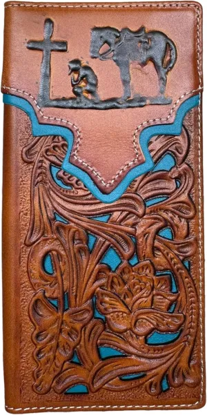Mens Cowboy Praying Western Long Wallet Floral Cutout Layered Leather Soft Leather Checkbook Style Mens Wallets Leather Bull Rider Rodeo Gifts For Men (Brown & Teal)