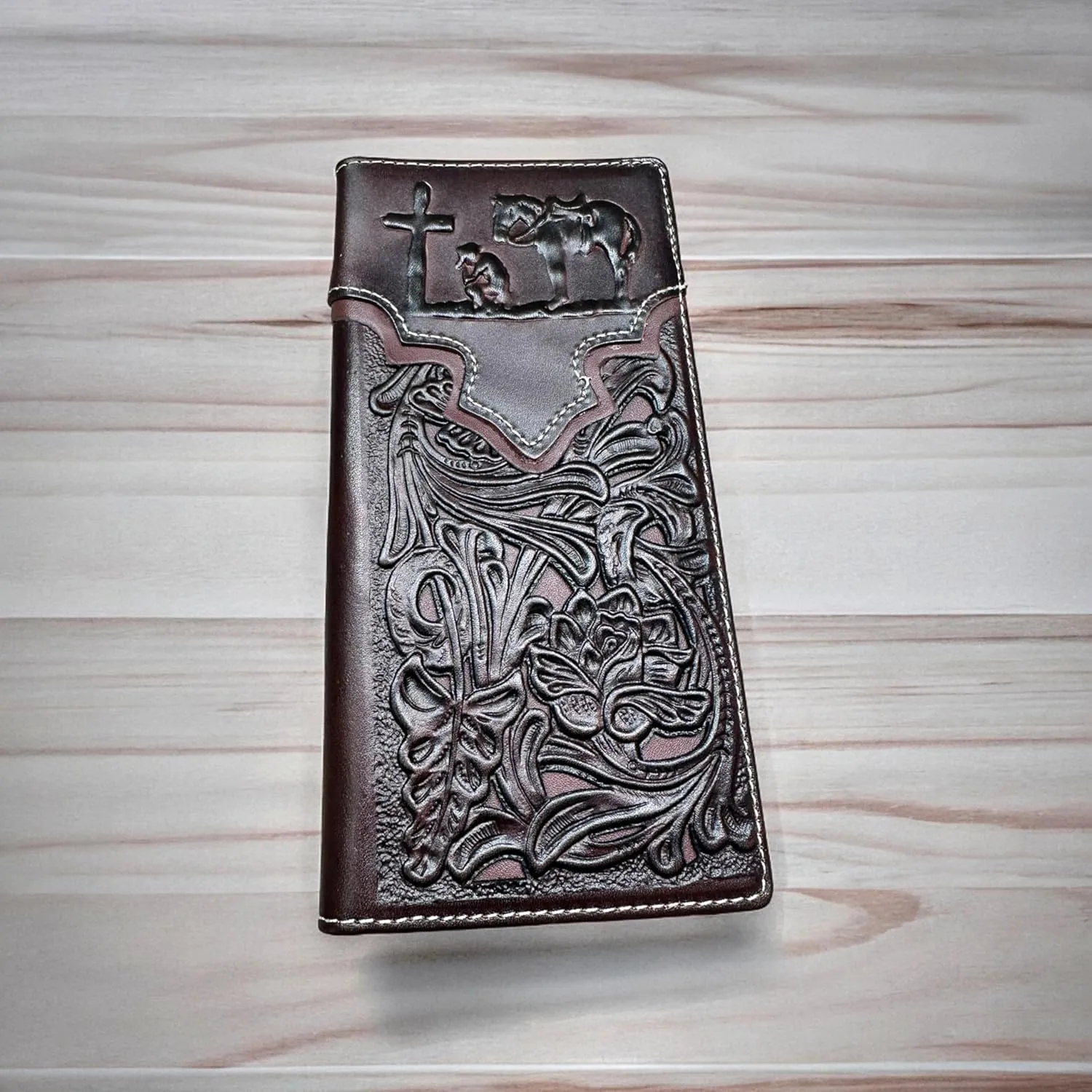 Mens Cowboy Praying Western Long Wallet Floral Cutout Layered Leather Soft Leather Checkbook Style Mens Wallets Leather Bull Rider Rodeo Gifts For Men (Coffee & Coffee)
