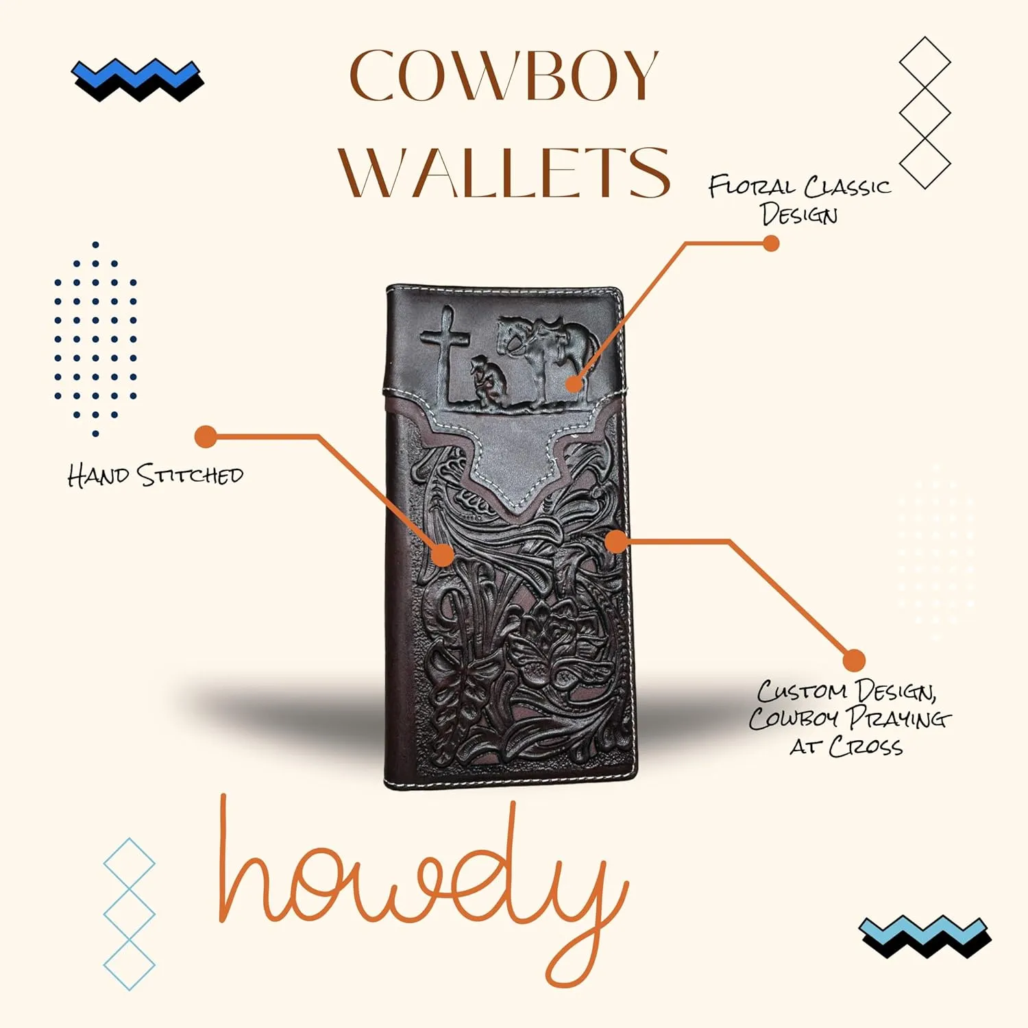 Mens Cowboy Praying Western Long Wallet Floral Cutout Layered Leather Soft Leather Checkbook Style Mens Wallets Leather Bull Rider Rodeo Gifts For Men (Coffee & Coffee)