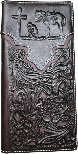 Mens Cowboy Praying Western Long Wallet Floral Cutout Layered Leather Soft Leather Checkbook Style Mens Wallets Leather Bull Rider Rodeo Gifts For Men (Coffee & Coffee)