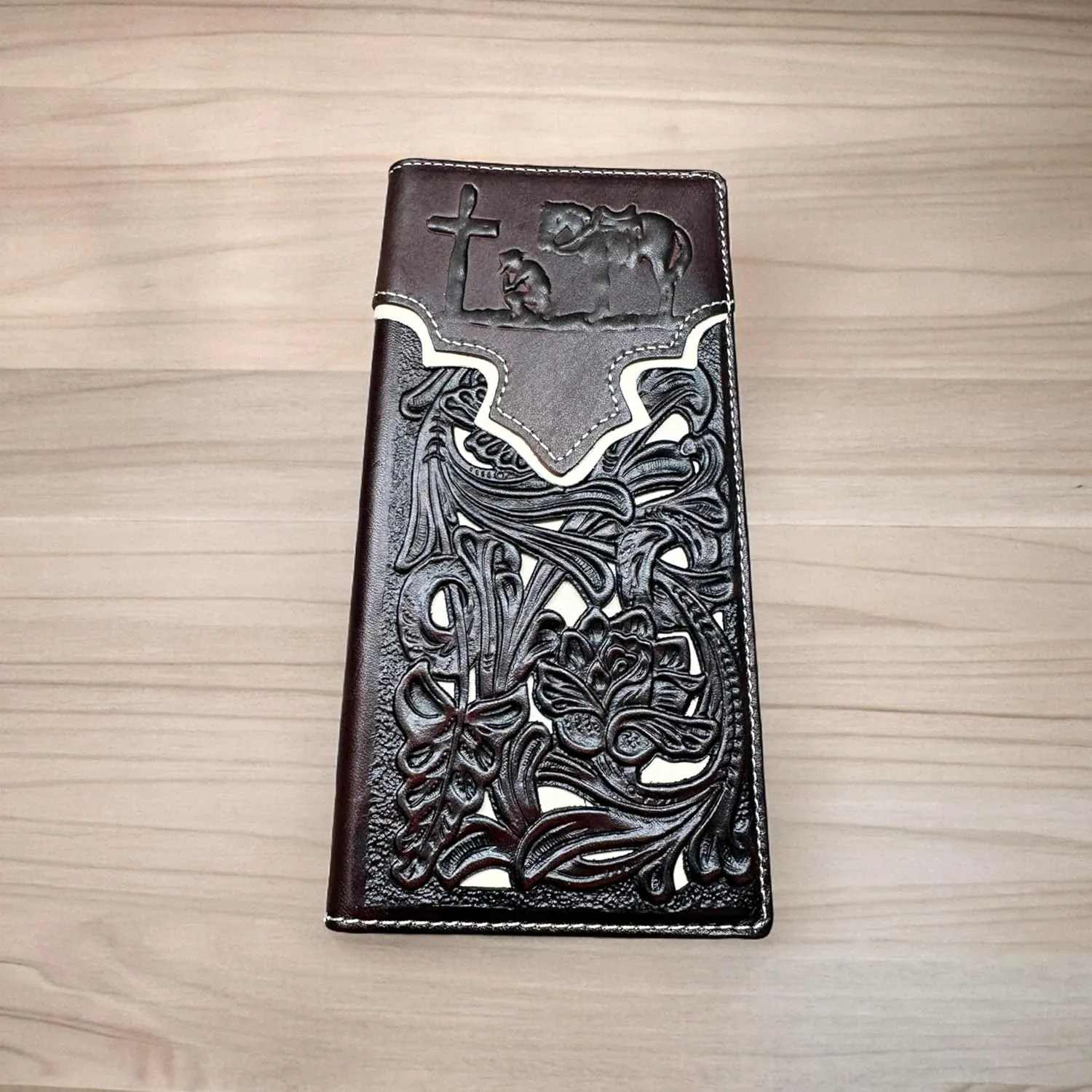 Mens Cowboy Praying Western Long Wallet Floral Cutout Layered Leather Soft Leather Checkbook Style Mens Wallets Leather Bull Rider Rodeo Gifts For Men (Coffee & White)