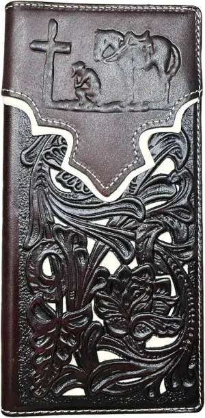 Mens Cowboy Praying Western Long Wallet Floral Cutout Layered Leather Soft Leather Checkbook Style Mens Wallets Leather Bull Rider Rodeo Gifts For Men (Coffee & White)