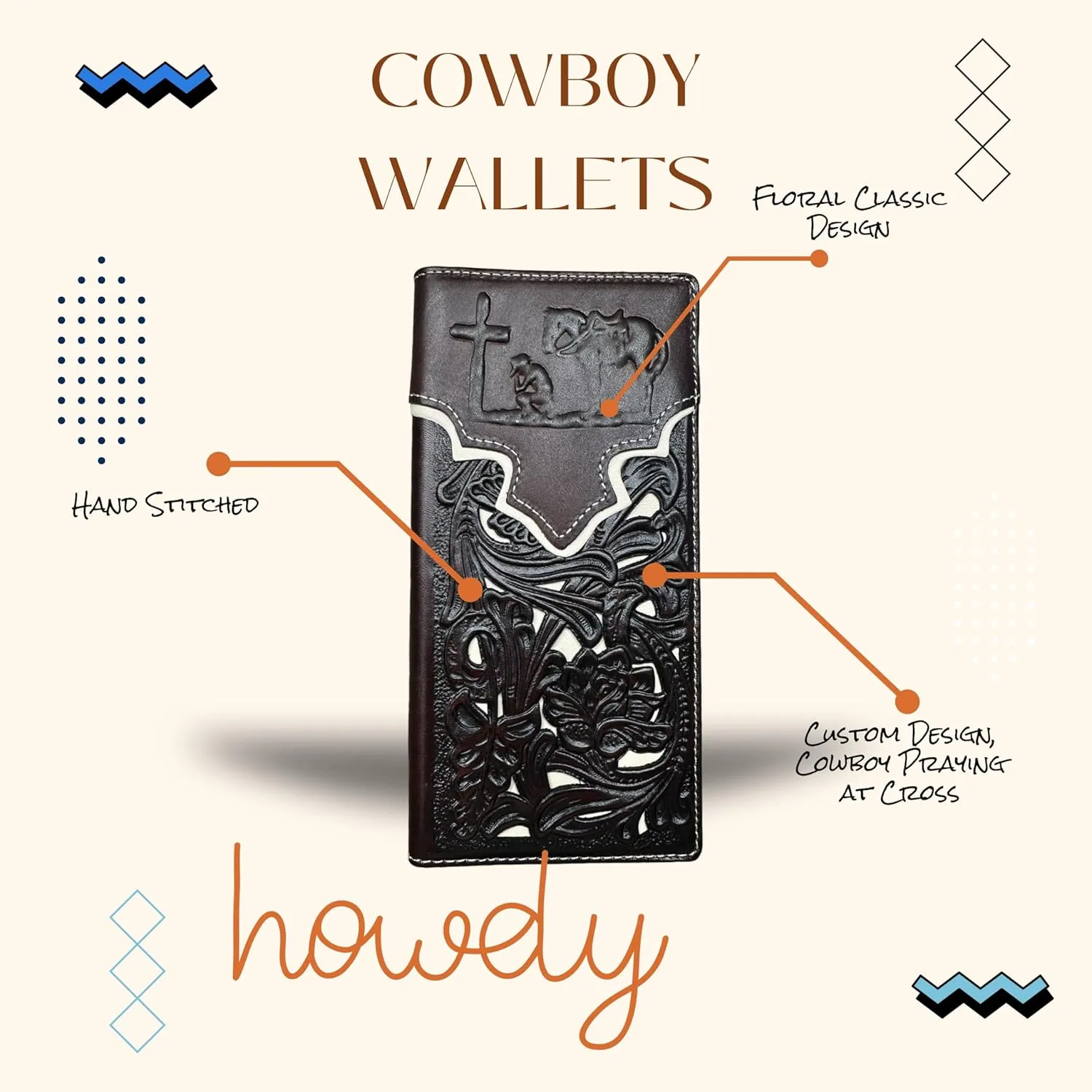 Mens Cowboy Praying Western Long Wallet Floral Cutout Layered Leather Soft Leather Checkbook Style Mens Wallets Leather Bull Rider Rodeo Gifts For Men (Coffee & White)