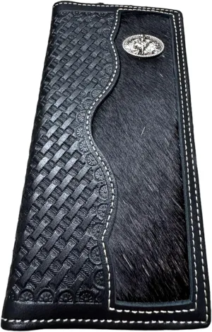 Mens Leather Long Wallet Basketweave Tooled Cow Hair Bull Rider Small Concho Checkbook Style Cowboy Hand Crafted High End Mens Wallets Leather Gifts For Men (Black)