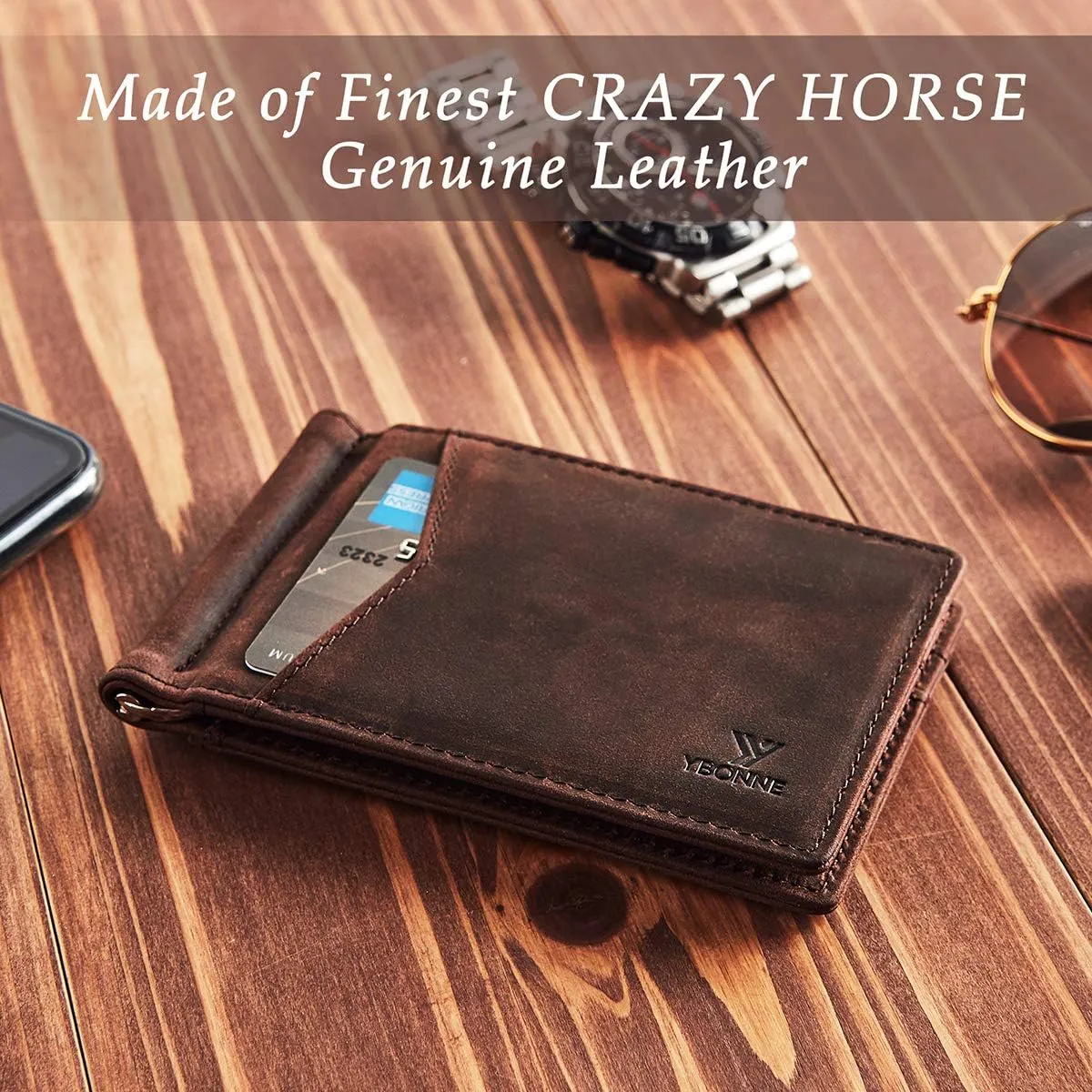 Mens Slim Wallet with Money Clip Front Pocket RFID Blocking Thin Bifold Leather Card Holder Minimalist Mini Billfold