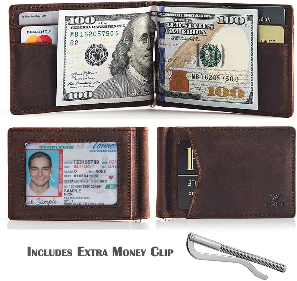Mens Slim Wallet with Money Clip Front Pocket RFID Blocking Thin Bifold Leather Card Holder Minimalist Mini Billfold