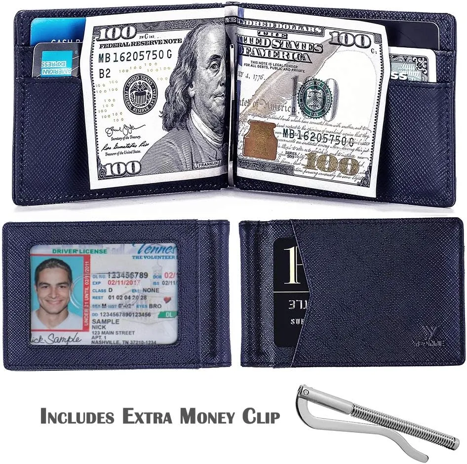 Mens Slim Wallet with Money Clip Front Pocket RFID Blocking Thin Bifold Leather Card Holder Minimalist Mini Billfold