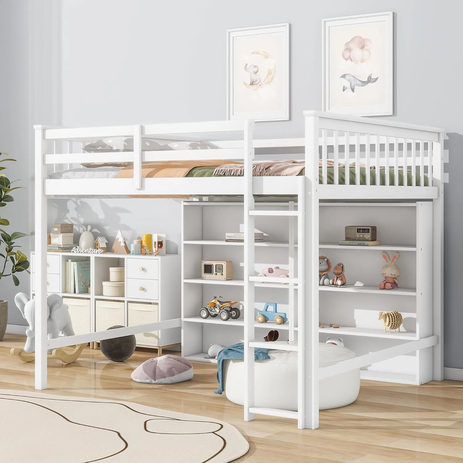 Merax Full Size Loft Bed Frame with Ladder and Storage Shelves, White