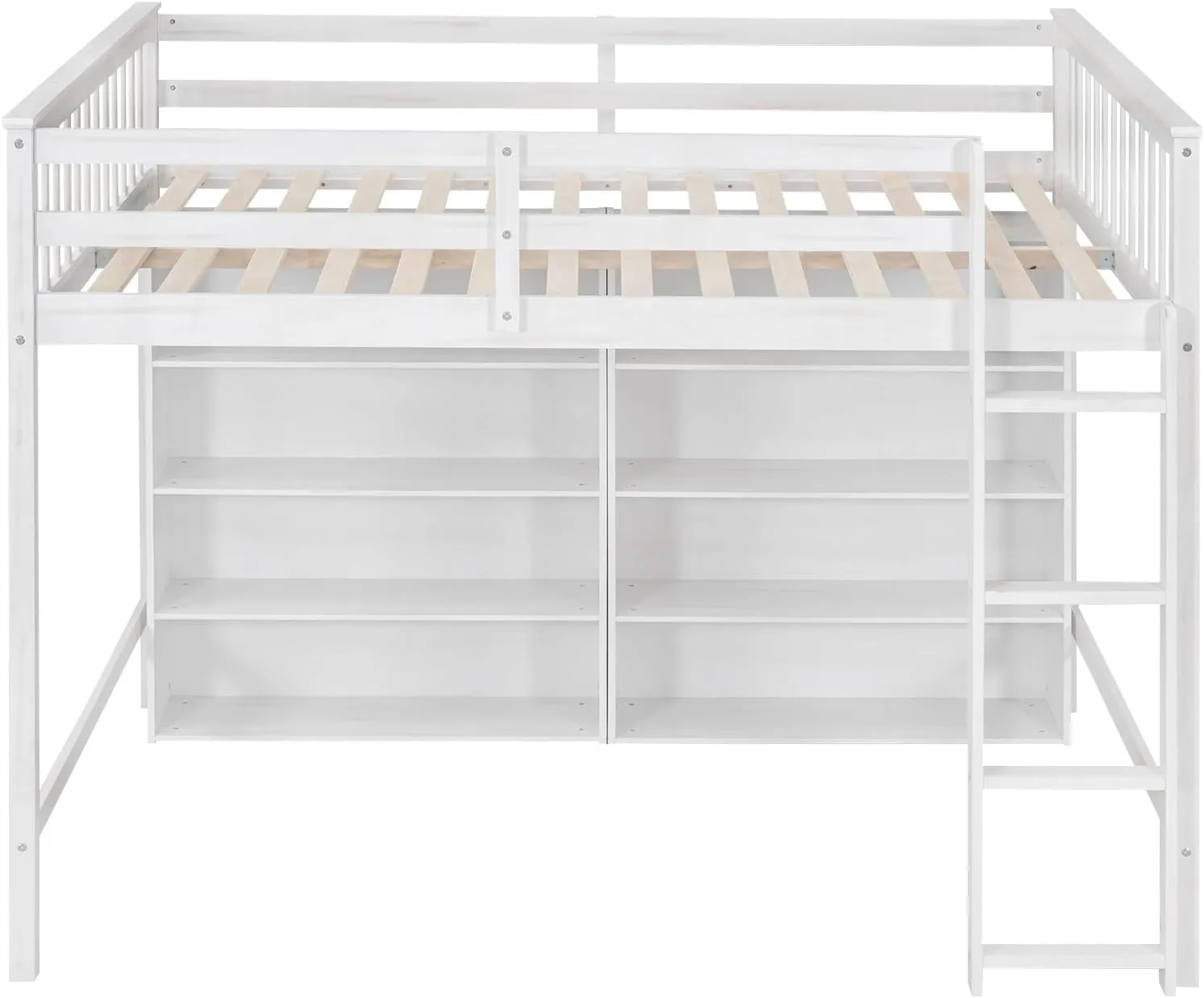 Merax Full Size Loft Bed Frame with Ladder and Storage Shelves, White