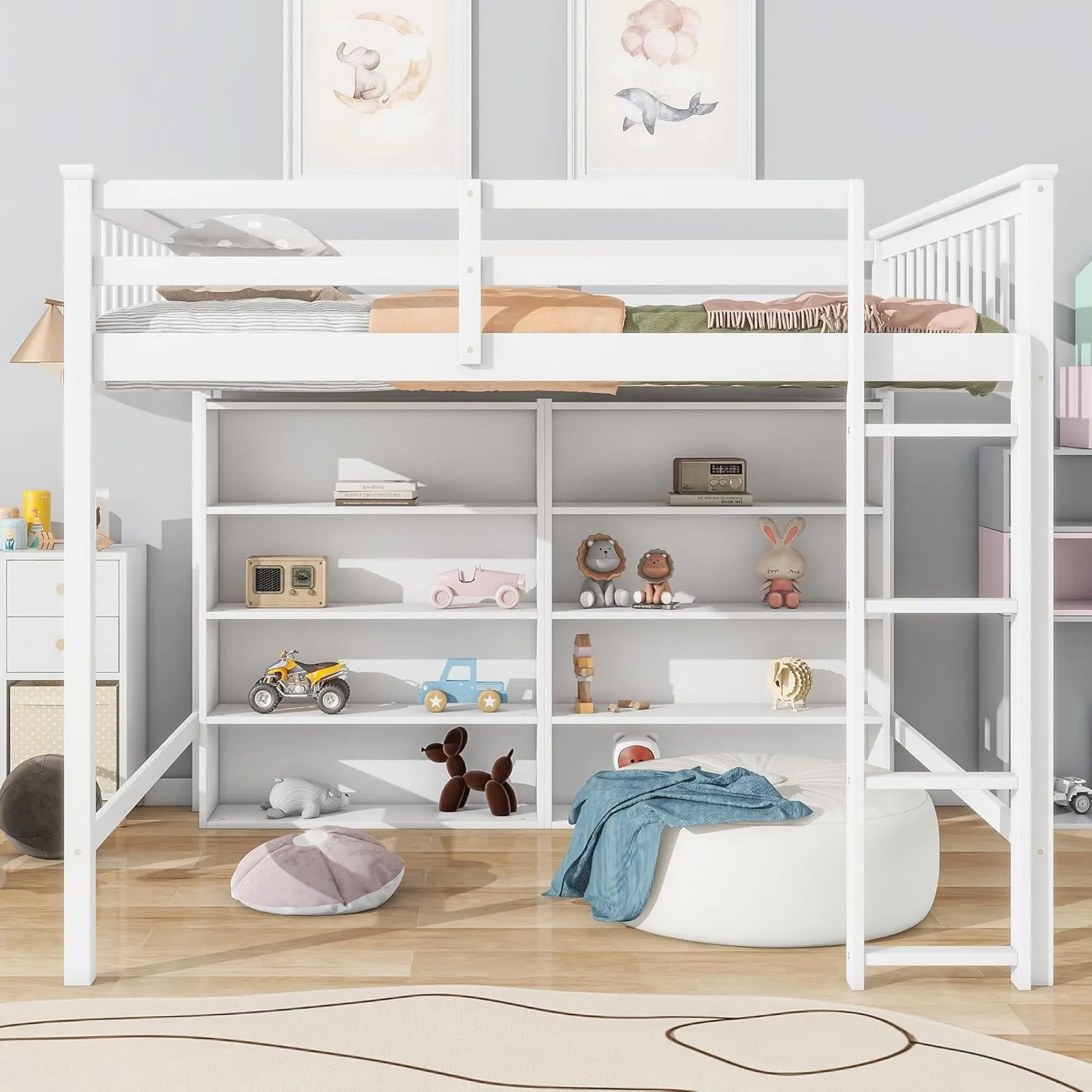 Merax Full Size Loft Bed Frame with Ladder and Storage Shelves, White