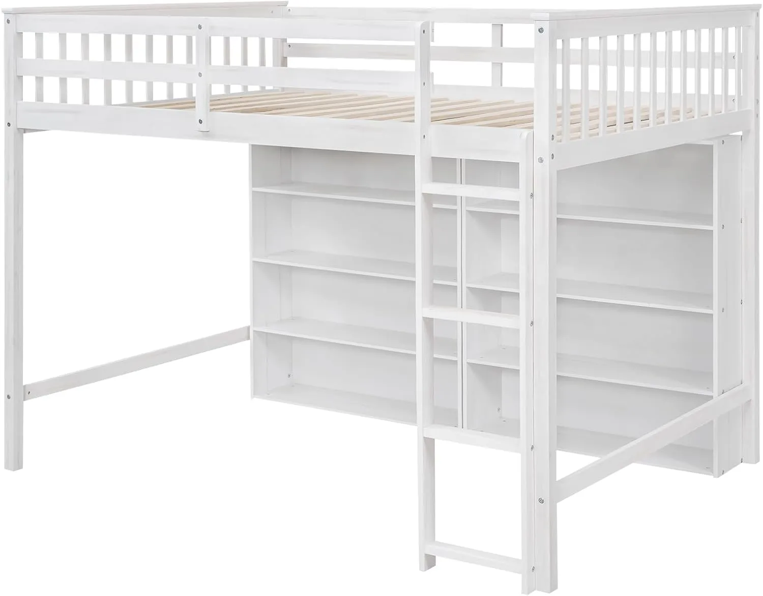 Merax Full Size Loft Bed Frame with Ladder and Storage Shelves, White