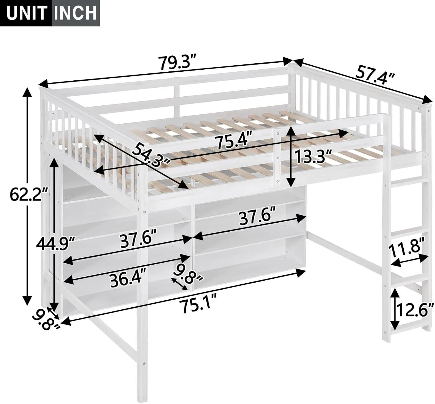 Merax Full Size Loft Bed Frame with Ladder and Storage Shelves, White