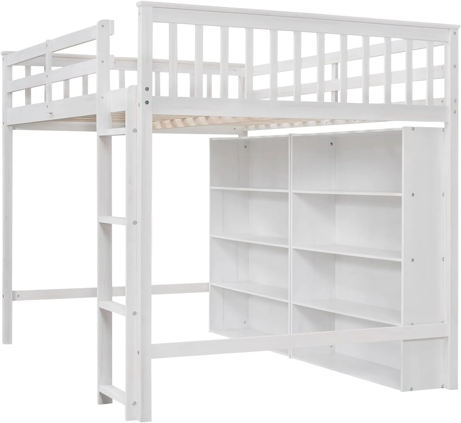 Merax Full Size Loft Bed Frame with Ladder and Storage Shelves, White