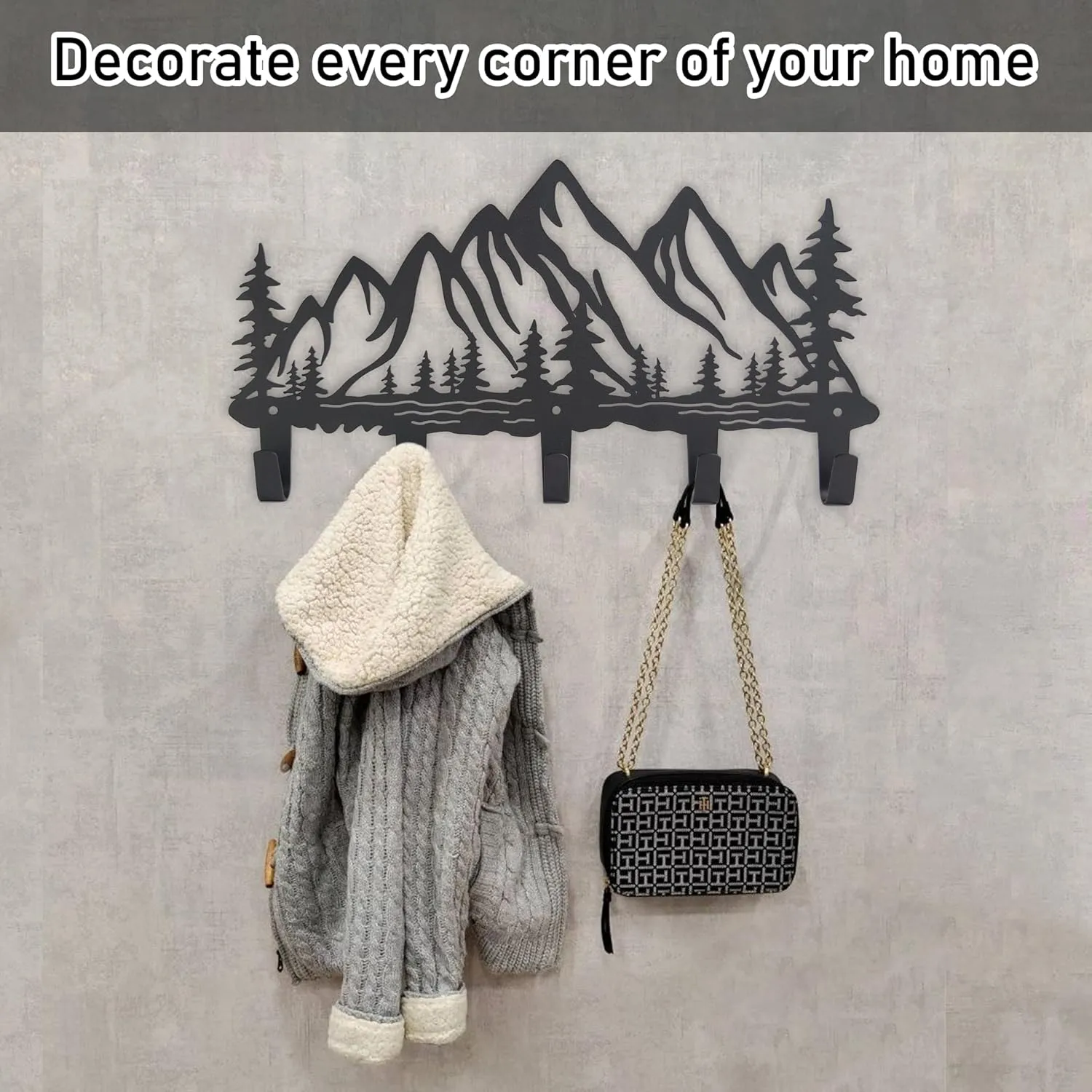 Metal Mountain Coat Hooks Wall Art Decor-Mountain Hangers and Key Holder-Clothes Hat Rack and Backpack Hanger Decor for Storage, Living Room, Hallway, Office (Black)