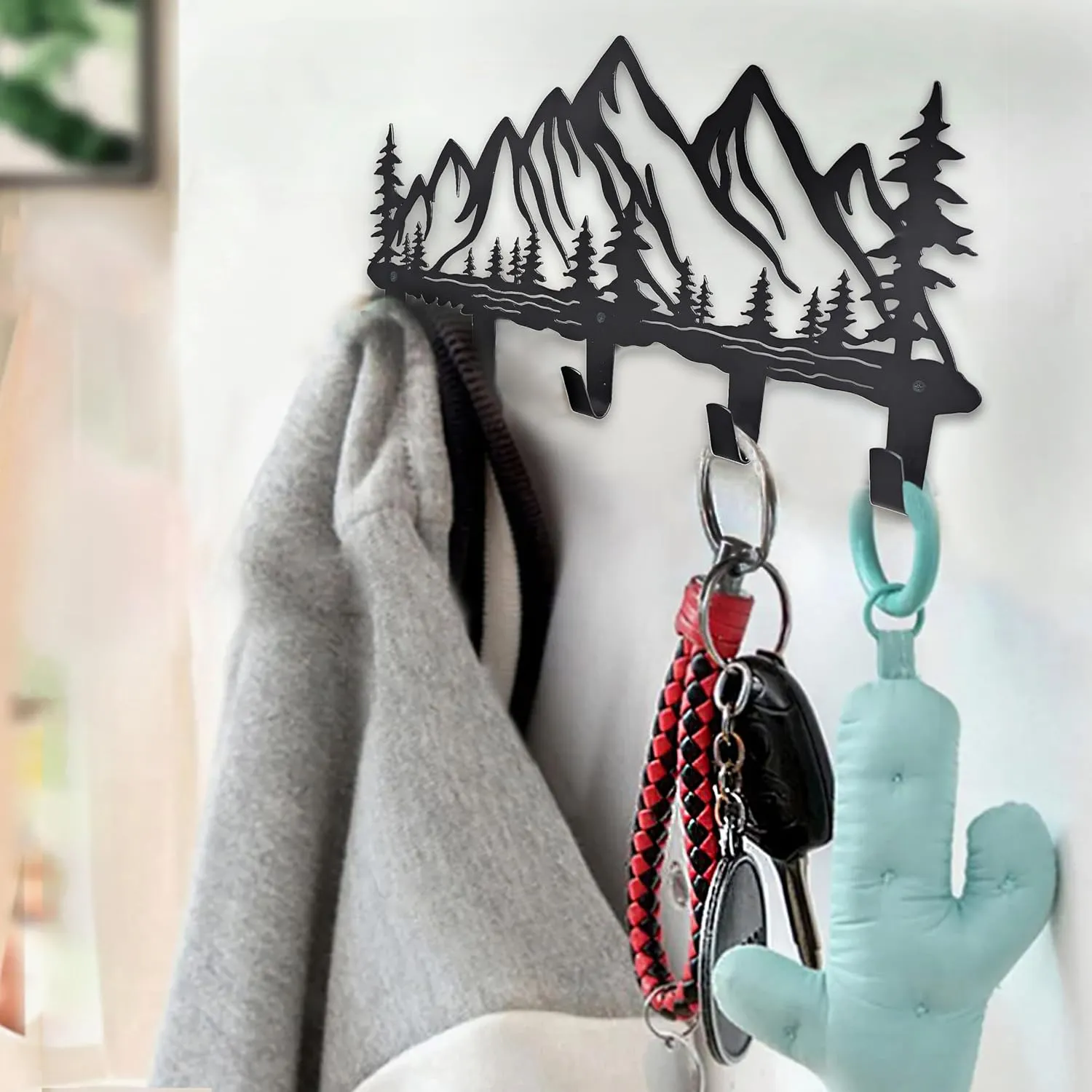 Metal Mountain Coat Hooks Wall Art Decor-Mountain Hangers and Key Holder-Clothes Hat Rack and Backpack Hanger Decor for Storage, Living Room, Hallway, Office (Black)