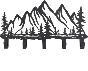 Metal Mountain Coat Hooks Wall Art Decor-Mountain Hangers and Key Holder-Clothes Hat Rack and Backpack Hanger Decor for Storage, Living Room, Hallway, Office (Black)