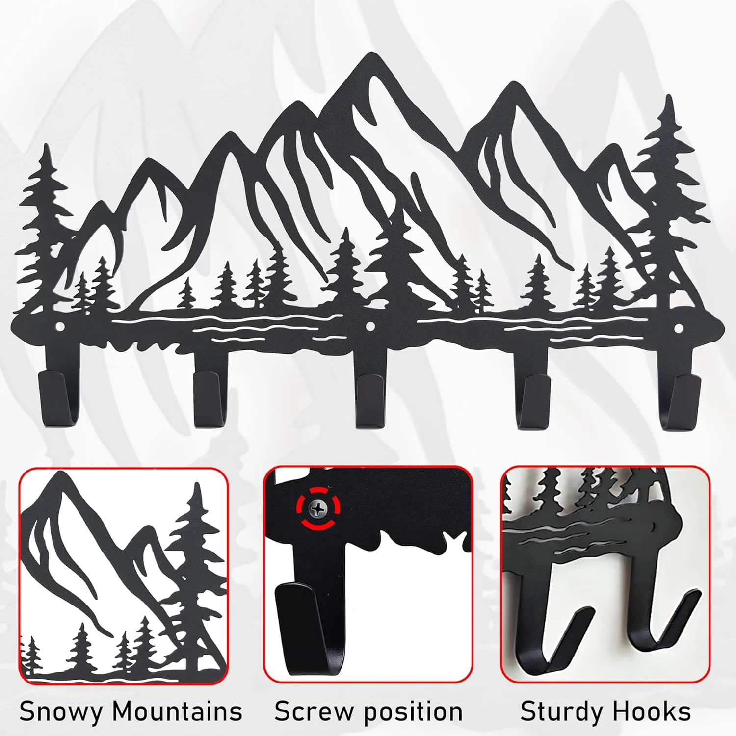 Metal Mountain Coat Hooks Wall Art Decor-Mountain Hangers and Key Holder-Clothes Hat Rack and Backpack Hanger Decor for Storage, Living Room, Hallway, Office (Black)