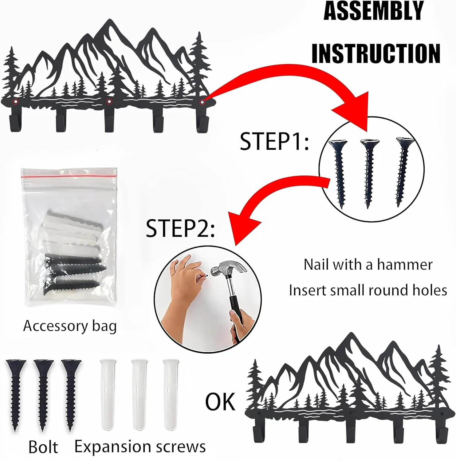 Metal Mountain Coat Hooks Wall Art Decor-Mountain Hangers and Key Holder-Clothes Hat Rack and Backpack Hanger Decor for Storage, Living Room, Hallway, Office (Black)