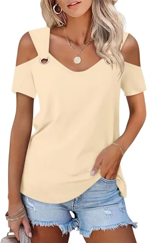 Minetom Women's Cold Shoulder Tops Short Sleeve V Neck T Shirts Basic Summer Tees