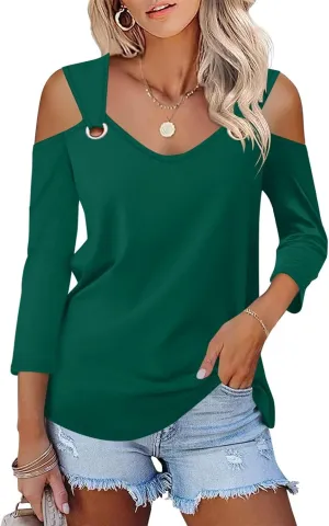 Minetom Women's V Neck 3/4 Sleeve Shirts Cold Shoulder Tops Basic Summer Tees