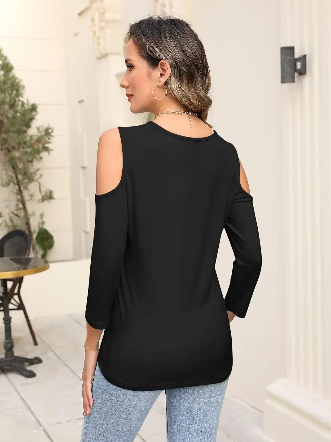 Minetom Women's V Neck 3/4 Sleeve Shirts Cold Shoulder Tops Basic Summer Tees