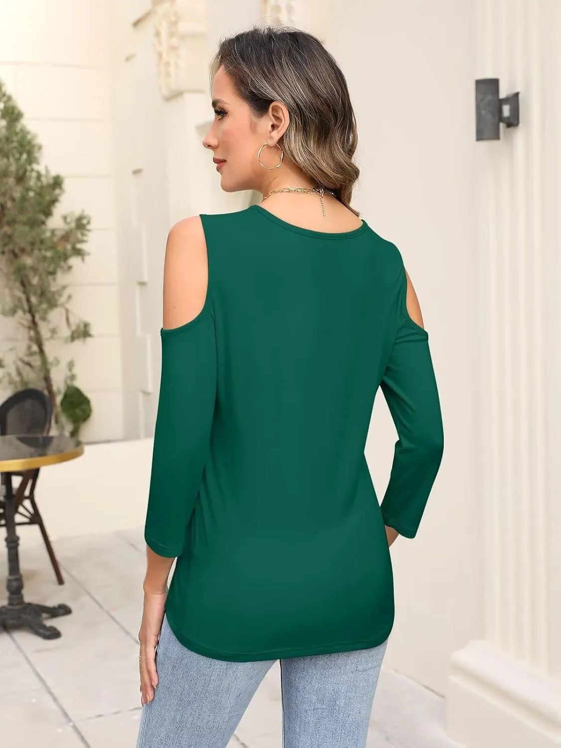 Minetom Women's V Neck 3/4 Sleeve Shirts Cold Shoulder Tops Basic Summer Tees