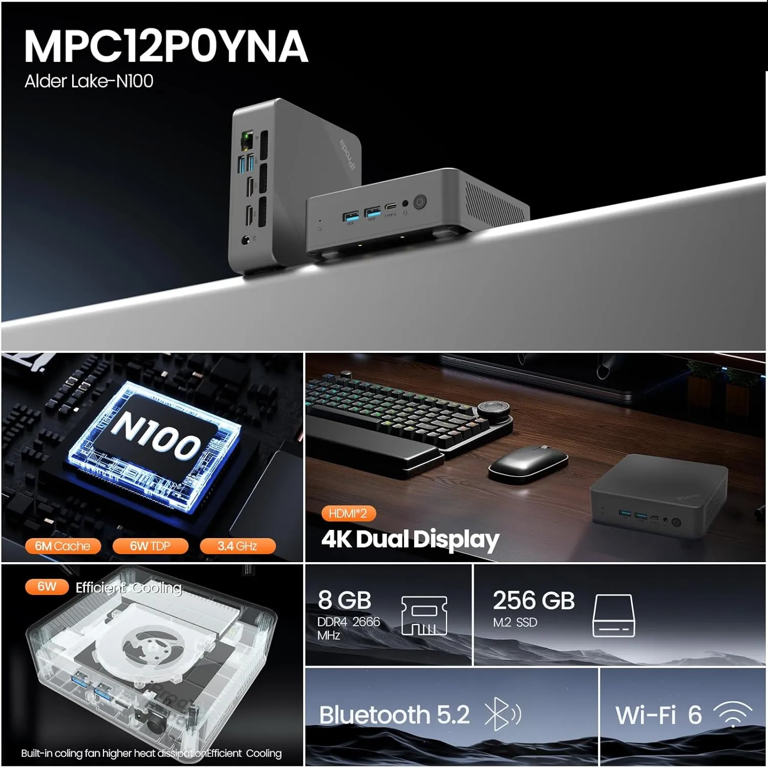Mini PC with Intel Alder Lake N100 CPU (up to 3.4GHz), Mini Desktop Computer PC Windows 11 Home Mini Computer with 8GB DDR4 256GB SSD 4K Dual Display Micro PC Bluetooth5.2/WiFi6/USB3.2