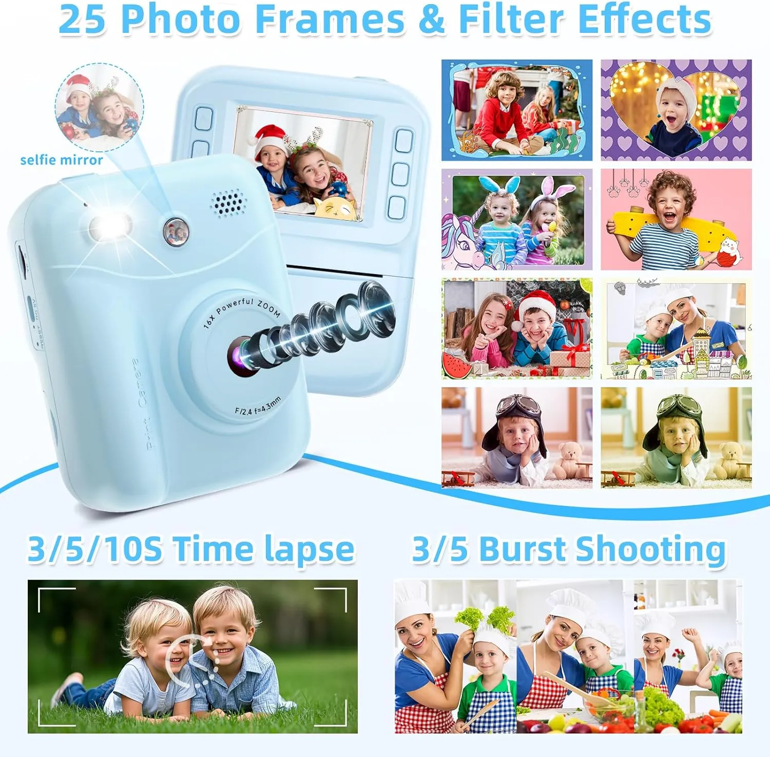 MINIBEAR Kids Camera Instant Print, 48MP Instant Print Camera for Kids 1080P Toddler Digital Video Camera Christmas Birthday Gifts for 3 4 5 6 7 8 9 10 Year Old Boys Toys, 3 Rolls Print Paper, Blue