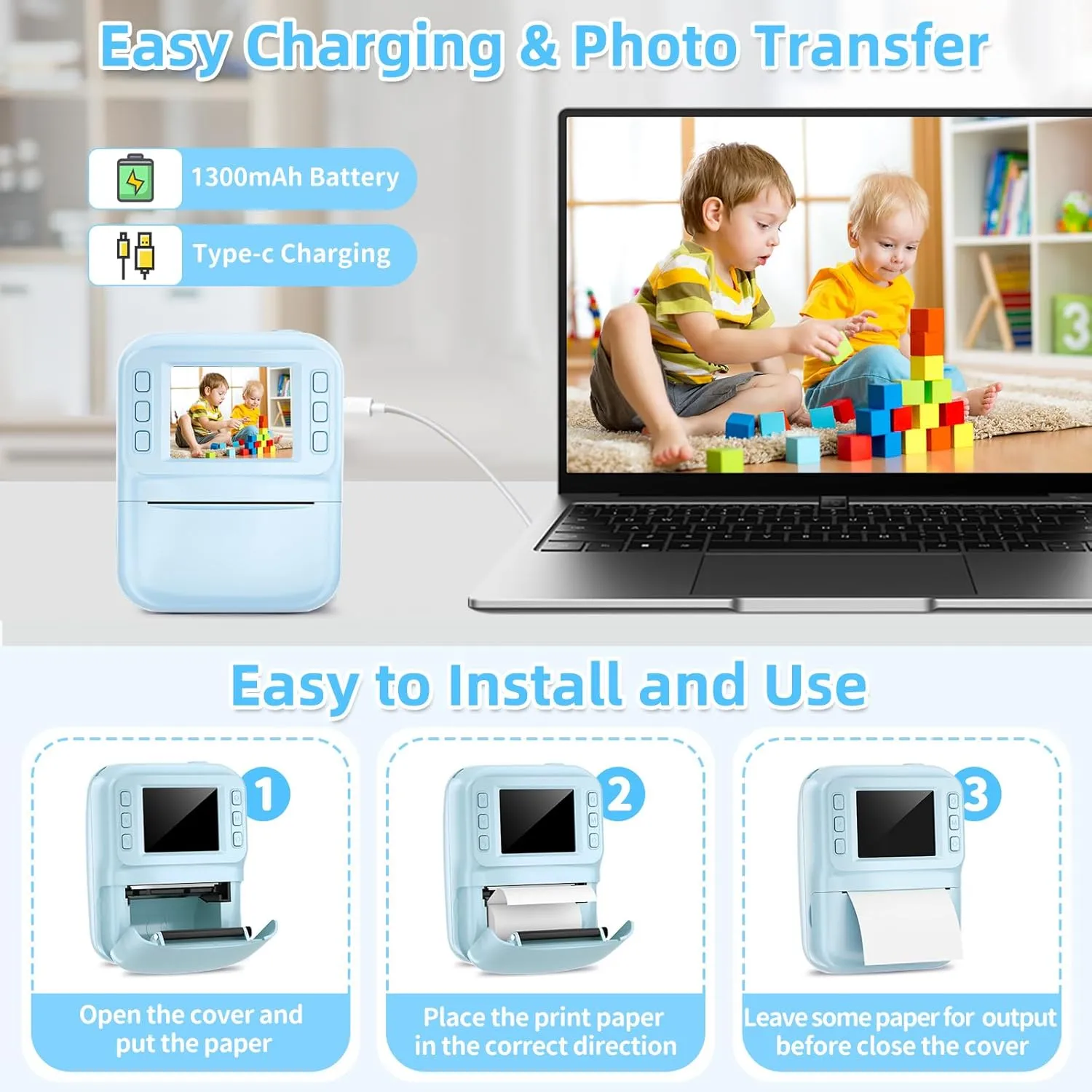 MINIBEAR Kids Camera Instant Print, 48MP Instant Print Camera for Kids 1080P Toddler Digital Video Camera Christmas Birthday Gifts for 3 4 5 6 7 8 9 10 Year Old Boys Toys, 3 Rolls Print Paper, Blue