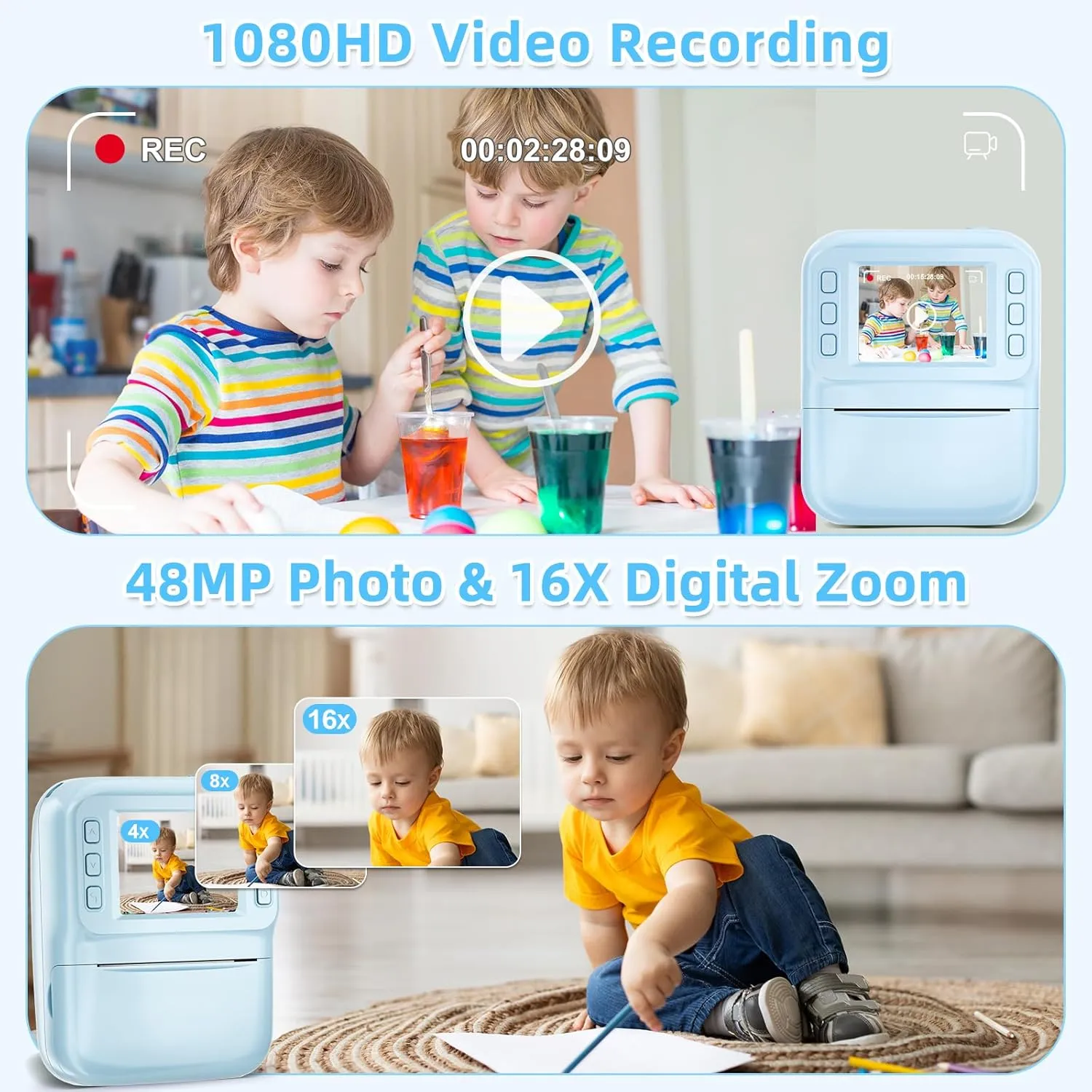 MINIBEAR Kids Camera Instant Print, 48MP Instant Print Camera for Kids 1080P Toddler Digital Video Camera Christmas Birthday Gifts for 3 4 5 6 7 8 9 10 Year Old Boys Toys, 3 Rolls Print Paper, Blue