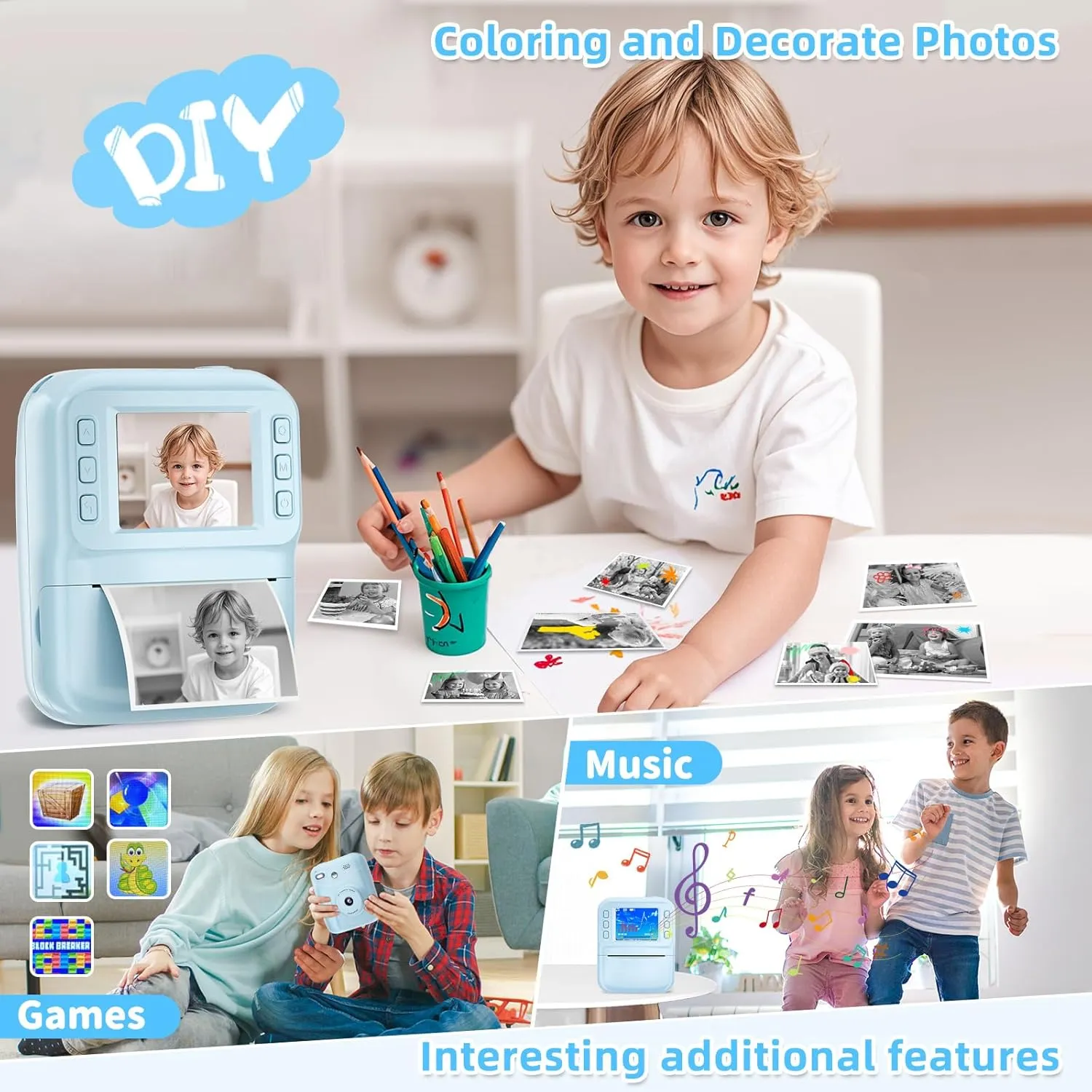 MINIBEAR Kids Camera Instant Print, 48MP Instant Print Camera for Kids 1080P Toddler Digital Video Camera Christmas Birthday Gifts for 3 4 5 6 7 8 9 10 Year Old Boys Toys, 3 Rolls Print Paper, Blue