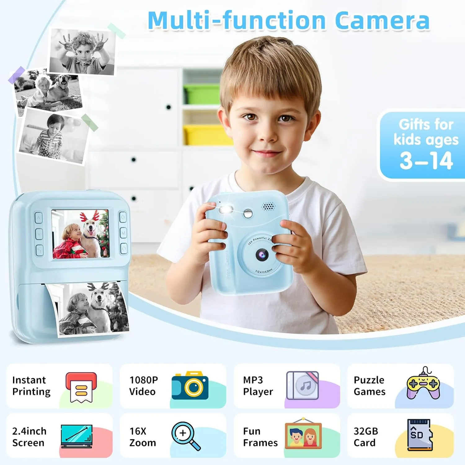 MINIBEAR Kids Camera Instant Print, 48MP Instant Print Camera for Kids 1080P Toddler Digital Video Camera Christmas Birthday Gifts for 3 4 5 6 7 8 9 10 Year Old Boys Toys, 3 Rolls Print Paper, Blue