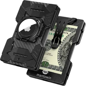 Minimalist Wallet for Men with Airtag Holder - Mech Design, Carbon Fiber and Aluminum, RFID Blocking, Credit Card Holder, Compact Wallet with Money Clip(Black)