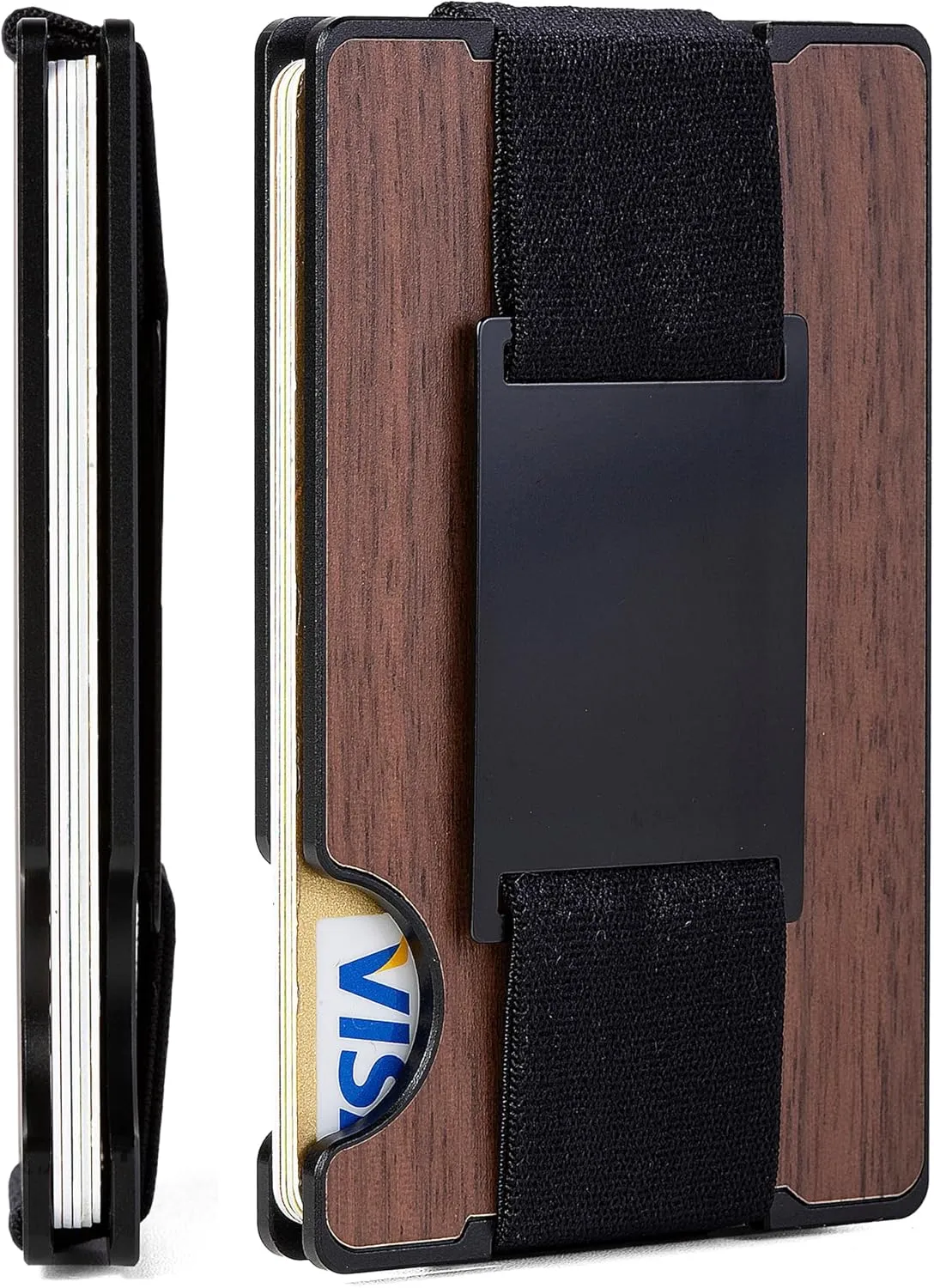 Minimalist Wallet for Men,Slim RFID Blocking Wallet,Durable Expandable Compact Plate, Matel Credit Card Holder,Cash Strap/Money Clip (Matte Walnut)